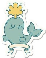 sticker of a tattoo style happy squirting whale character vector