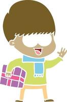 niño de dibujos animados de estilo de color plano feliz con presente vector