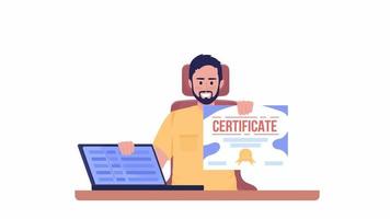 Animated graduate character. Programming course with certificate. Half body flat person HD video footage with alpha channel. Color cartoon style illustration on transparent background for animation