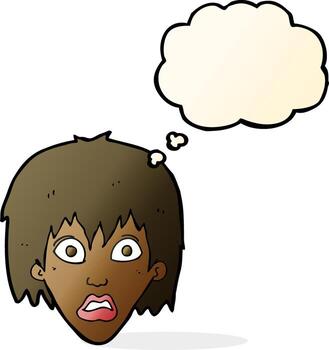 caricatura, asustado, mujer, con, burbuja del pensamiento vector