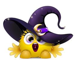 Cute fluffy funny cartoon pink screaming monster in purple witch hat with moon belt vector