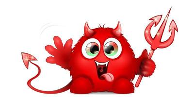 Cute fluffy funny cartoon red smiling devil monster with horns, tail and fangs, holding shiny trident vector