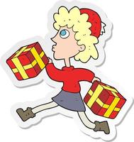 pegatina de una caricatura de mujer corriendo con regalos vector