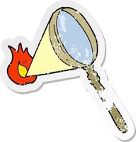 retro distressed sticker of a cartoon magnifying glass burning vector