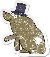 retro distressed sticker of a cartoon bear in top hat vector