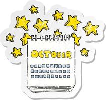 pegatina retro angustiada de un calendario de dibujos animados que muestra el mes de octubre vector