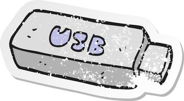 retro distressed sticker of a cartoon USB stick vector