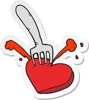 sticker of a cartoon heart stabbed by fork vector