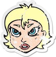 retro distressed sticker of a cartoon angry female face vector