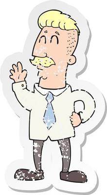 retro distressed sticker of a cartoon office man waving
