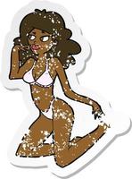 retro distressed sticker of a cartoon woman in underwear looking thoughtful vector