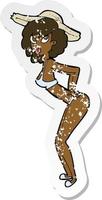 retro distressed sticker of a cartoon pin up beach girl vector