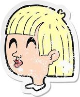 retro distressed sticker of a cartoon female face vector