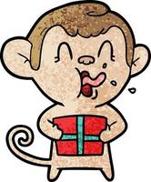crazy cartoon monkey with christmas present vector