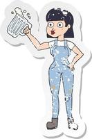 retro distressed sticker of a cartoon woman with beer vector