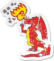 retro distressed sticker of a cartoon happy dragon breathing fire vector