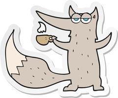 sticker of a cartoon wolf with coffee cup vector