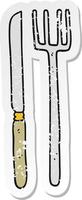 retro distressed sticker of a cartoon knife and fork vector