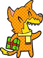 fox cartoon character with present vector