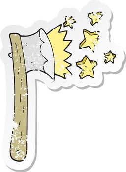 pegatina retro angustiada de un hacha afilada de dibujos animados vector