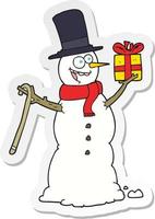 sticker of a cartoon snowman holding present vector