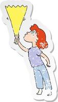 retro distressed sticker of a cartoon woman searching with torch vector