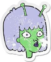 retro distressed sticker of a cartoon female alien vector