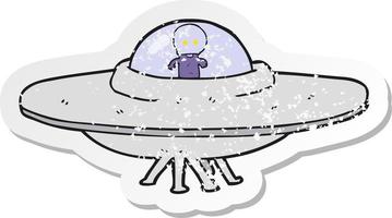 pegatina retro angustiada de un platillo volador alienígena de dibujos animados vector