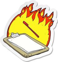 sticker of a cartoon clip board on fire vector