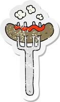 retro distressed sticker of a cartoon sausage on fork vector