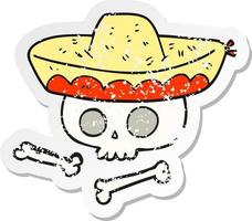 retro distressed sticker of a cartoon skull in mexican hat vector