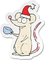 retro distressed sticker of a cartoon mouse wearing christmas hat vector