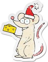 retro distressed sticker of a cartoon christmas mouse vector