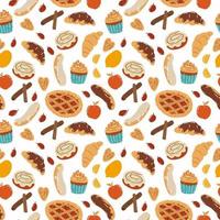 Seamless pattern of bakery products for autumn tea party. vector