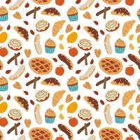 Seamless pattern of bakery products for autumn tea party. vector