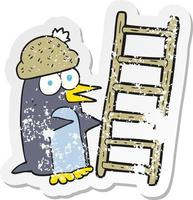 retro distressed sticker of a cartoon penguin with ladder vector