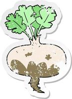 retro distressed sticker of a cartoon muddy turnip vector