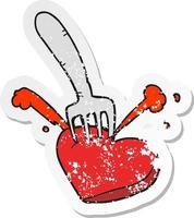 retro distressed sticker of a cartoon heart stabbed by fork vector