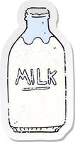 retro distressed sticker of a cartoon milk bottle vector