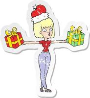 retro distressed sticker of a cartoon woman with xmas presents vector