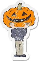 retro distressed sticker of a cartoon pumpkin head halloween costume vector