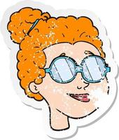 retro distressed sticker of a cartoon woman wearing spectacles vector