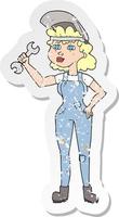 retro distressed sticker of a cartoon woman with spanner vector