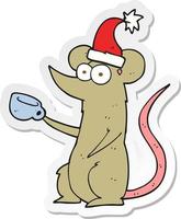 sticker of a cartoon mouse wearing christmas hat vector