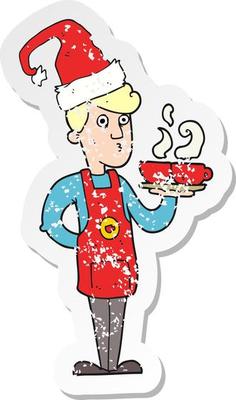 retro distressed sticker of a cartoon barista serving coffee at christmas