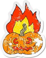 retro distressed sticker of a cartoon flaming halloween pumpkin vector