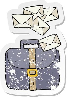 retro distressed sticker of a cartoon briefcase spilling letters