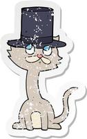 retro distressed sticker of a cartoon cat in top hat vector