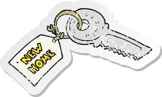 retro distressed sticker of a cartoon house key with new home tag vector