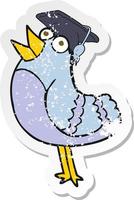 retro distressed sticker of a cartoon bird wearing graduation cap vector